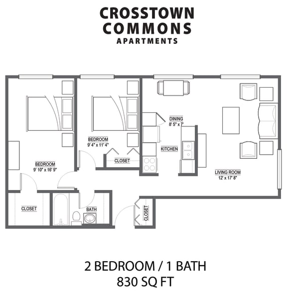 Crosstown Commons 2 bedroom 1 bath floor plan drawing