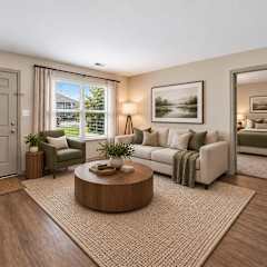 A well-lit, modern living room with a large window, a sofa, a coffee table, and a bed in the background.