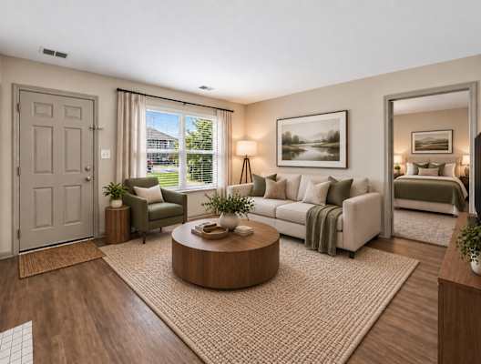 A well-lit, modern living room with a large window, a sofa, a coffee table, and a bed in the background.