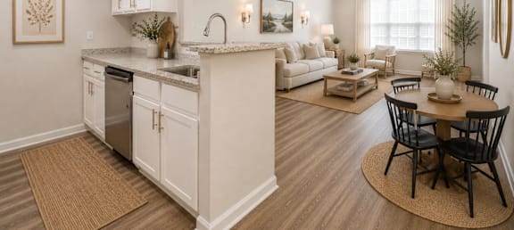 A modern kitchen with white cabinets and a dining table set for four.