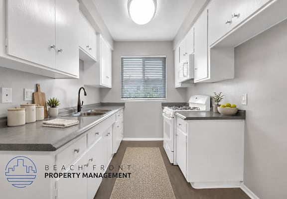 A kitchen with white cabinets and a black countertop with a potted plant on it.