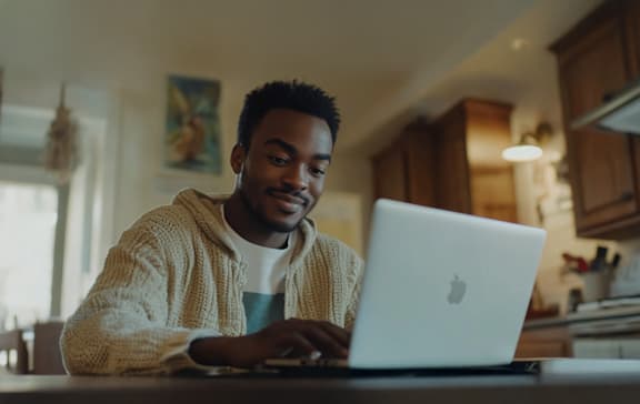 A man in a beige cardigan is using a laptop in a kitchen.