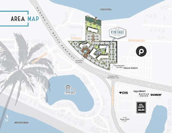 A map shows a Vintage hotel surrounded by palm trees and a body of water.