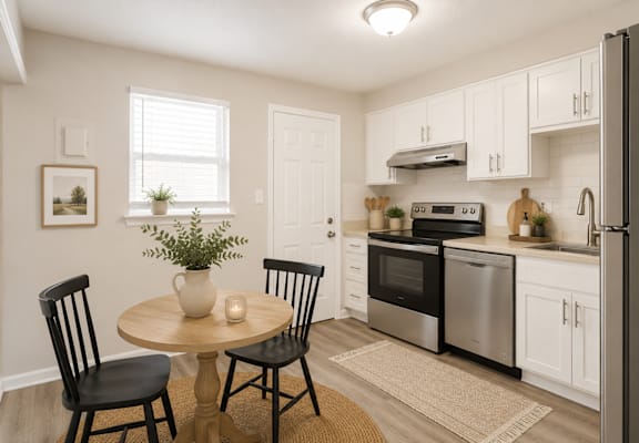 A kitchen with a table and chairs in the foreground and a refrigerator, oven, and microwave in the background.