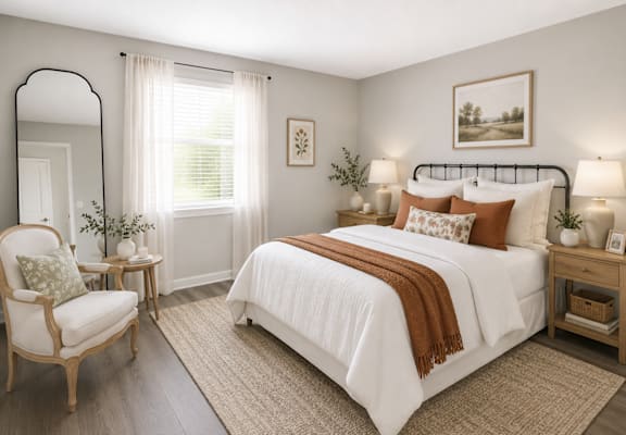A bedroom with a large bed, a chair, and a painting on the wall.