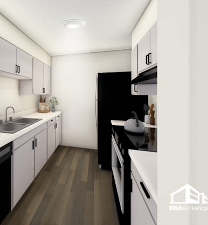 A modern kitchen with black and white appliances and cabinets.