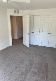 a bedroom with a carpeted floor and a closet with a door open