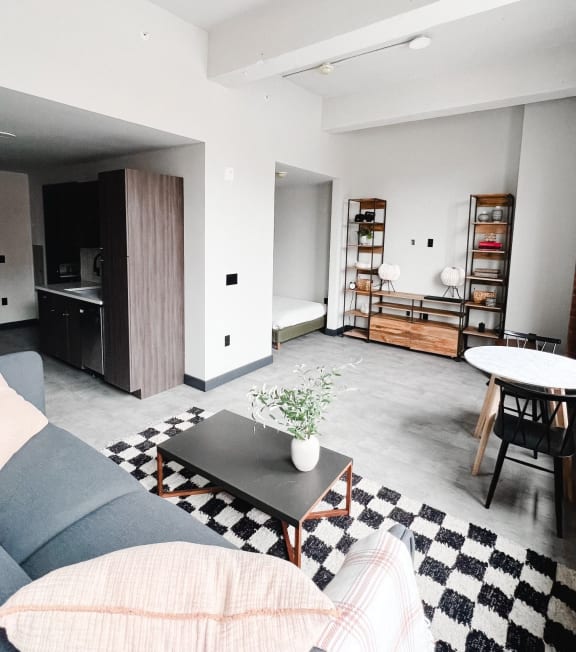 a living room with a couch and a coffee table