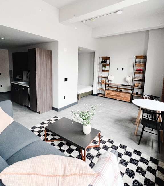 a living room with a couch and a coffee table