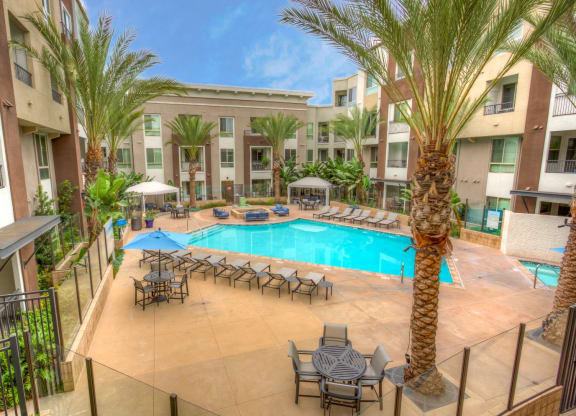 Pool and firepit at Accent apartments, Los Angeles, California