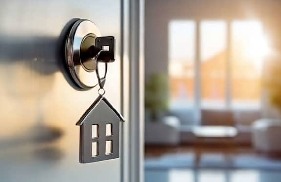A house key hanging on a door handle.