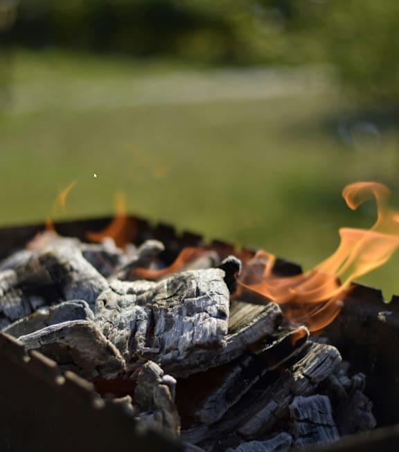 A close up of a fire with flames and smoke.