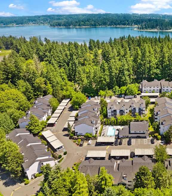 A bird's eye view of Ruth Court Apartments surrounded by trees