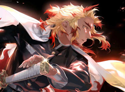 a man with blonde hair holding a sword in front of a fire