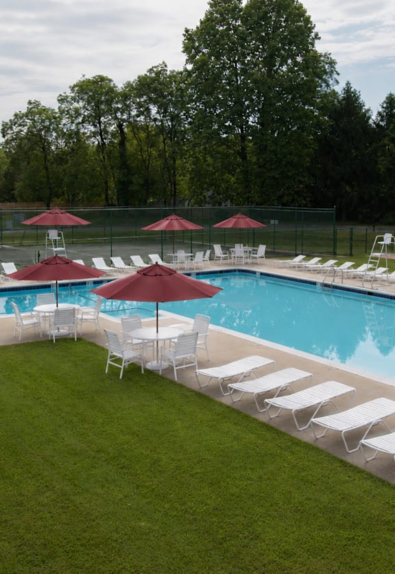 A large outdoor swimming pool surrounded by lawn chairs and umbrellas.