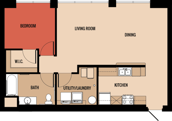 1x1 815 square foot floor plan at Muskego School Apartments