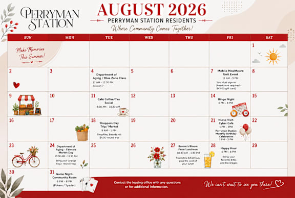 A calendar for August 2026 with events and activities for Perryman Station residents.
