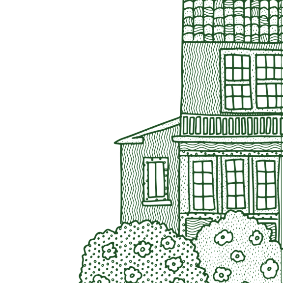 A green and black image of a building with windows and bushes.