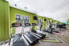 Cardio machines in front of large windows with cable TV