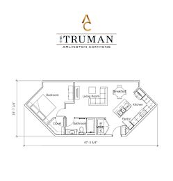 A floor plan for a 735 sq ft home with a bedroom, living room, kitchen, pantry, bathroom, and closet.