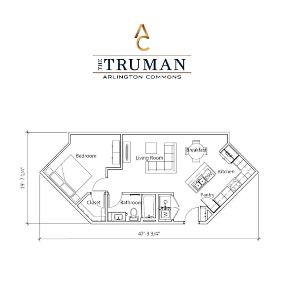 A floor plan for a 735 sq ft home with a bedroom, living room, kitchen, pantry, bathroom, and closet.