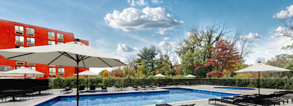 A pool area with lounge chairs and umbrellas is under construction.