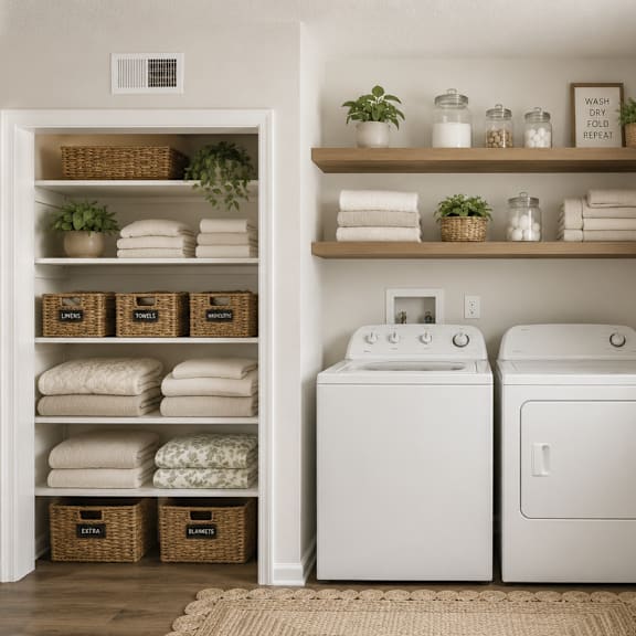 A laundry room with a washer and dryer, shelves with towels and plants, and a basket on the floor.