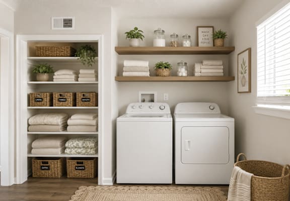 A laundry room with a washer and dryer, shelves with towels and plants, and a basket on the floor.