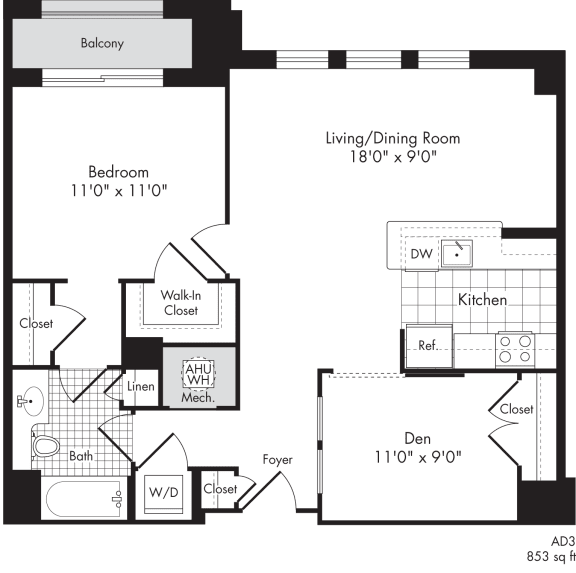 one bedroom apartment with den and balcony for rent in baltimore