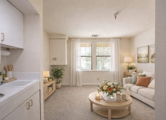 Studio apartment with open area and kitchen at Hilltop Commons Senior Living Apartments, California