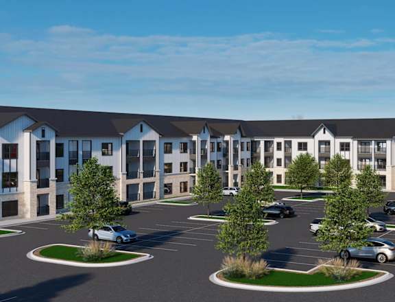 A rendering of a modern building with a parking lot in front.