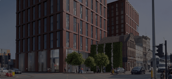 a rendering of a tall building on a city street