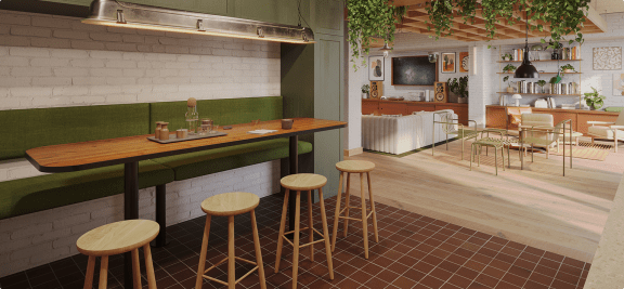 a bar with wooden stools and a counter in a restaurant