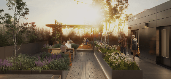 a rendering of a rooftop terrace with people and plants