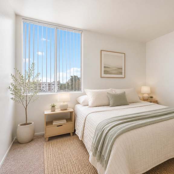A bedroom with a bed, nightstand, and a plant.