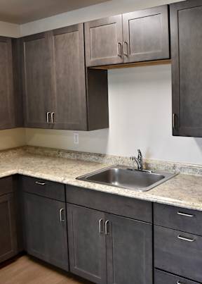 A kitchen with a sink and cabinets.