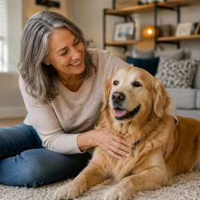 A woman is sitting on the floor with her golden retriever.