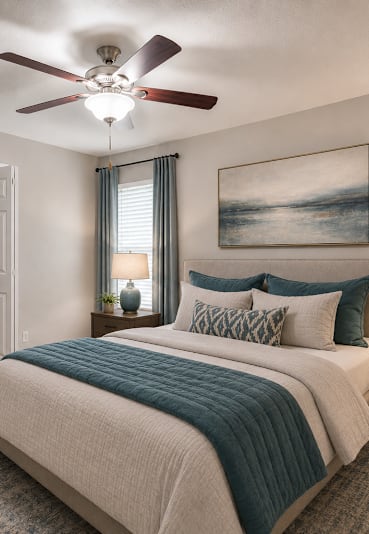 a bedroom with a large bed and a ceiling fan at High Ridge Apartments in Athens, 30606