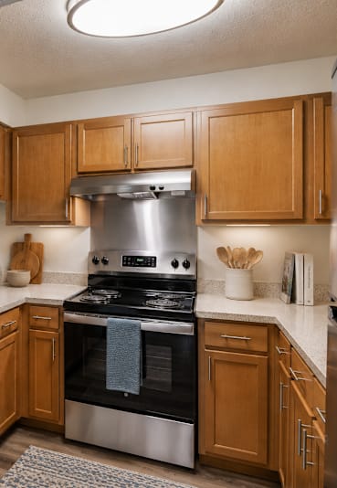 a kitchen with black cabinets and granite countertops at High Ridge Apartments in Athens, GA 30606