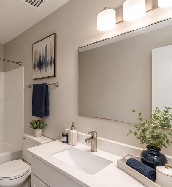 a bathroom with a white toilet next to a white bathtub at Hunters Chase Apartments, Midlothian, VA