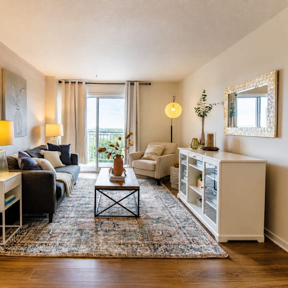 A well-lit living room with a black couch, a white side table, and a rug on the floor.