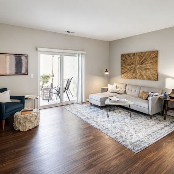 A living room with a grey couch, a wooden cabinet, a white rug, and a painting on the wall.