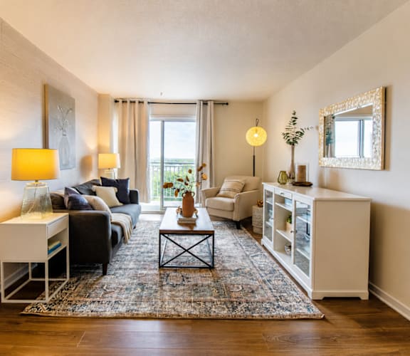 A well-lit living room with a black couch, a white side table, and a rug on the floor.