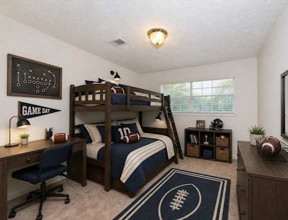 A room with a bunk bed and a desk with a chair.