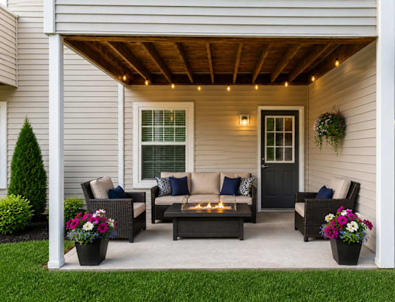 A cozy outdoor patio with a fire pit and seating area.