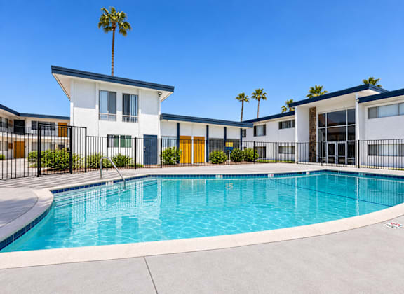 A swimming pool in front of a building with a palm tree.