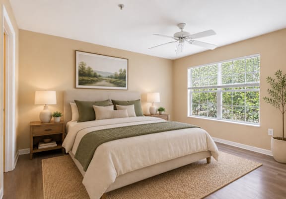 A bedroom with a large bed, a ceiling fan, and a painting on the wall.