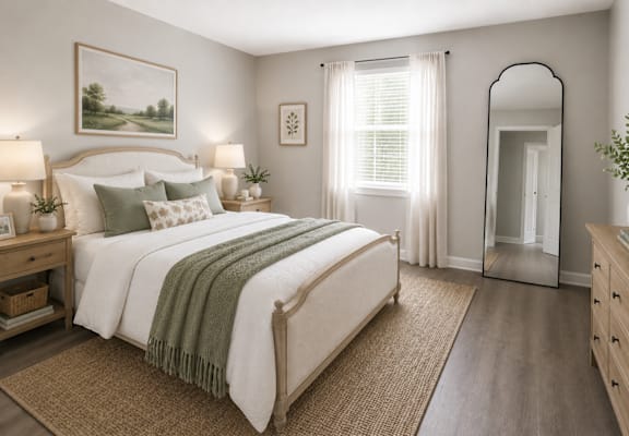 A bedroom with a large bed and a mirror on the wall.