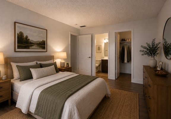 A bedroom with a large bed and a painting on the wall.