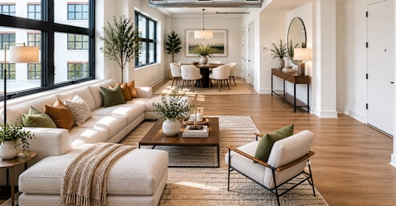 A well-lit, modern living room with a large white sofa and a coffee table.